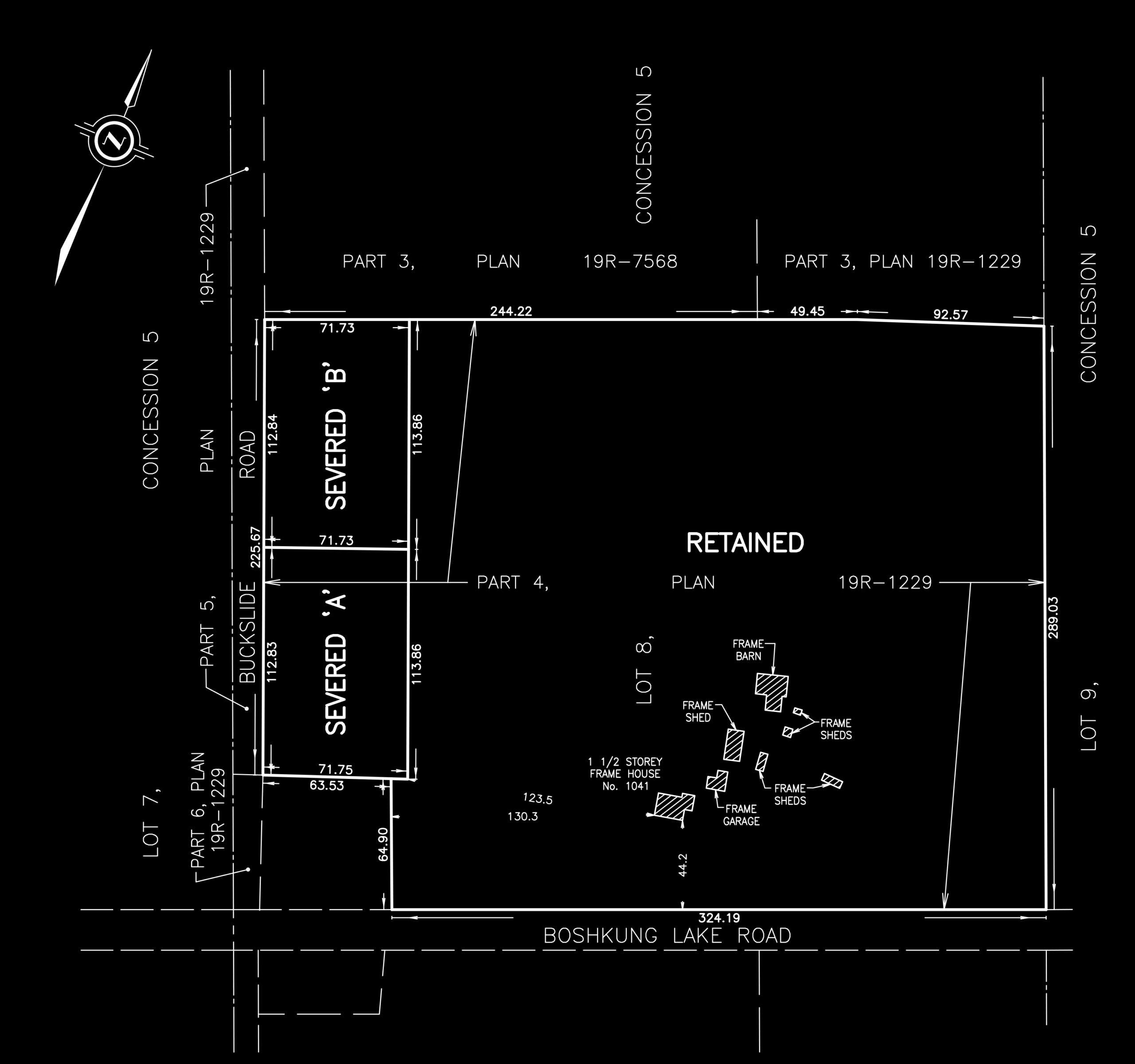 Site plan showing the two 2-acre severed lots, SEVERED A and SEVERED B, on the west side of the property along Buckslide Road