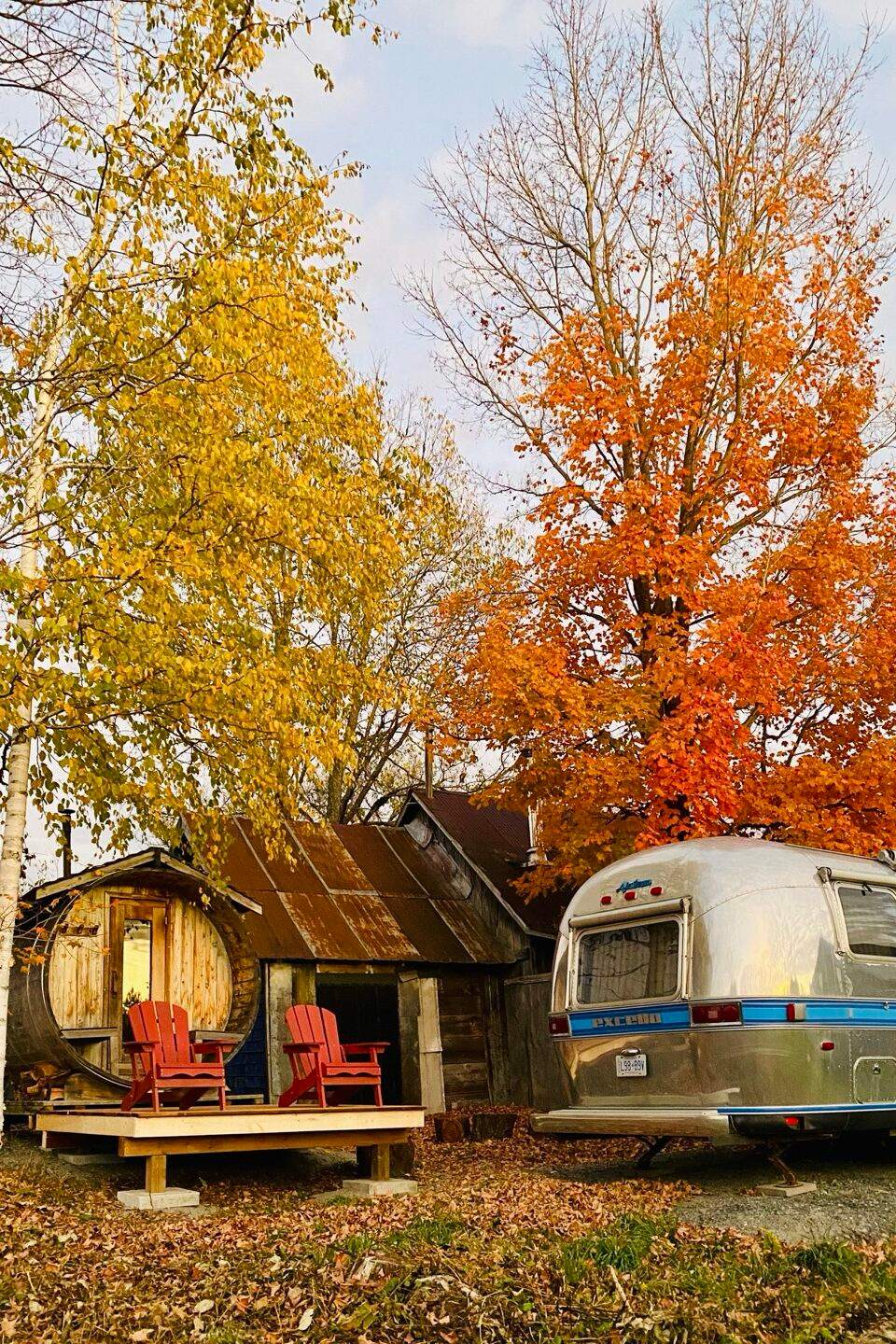 The Airstream trailer and wood-fired sauna beneath blazing orange and yellow autumn trees, with red Muskoka chairs out front