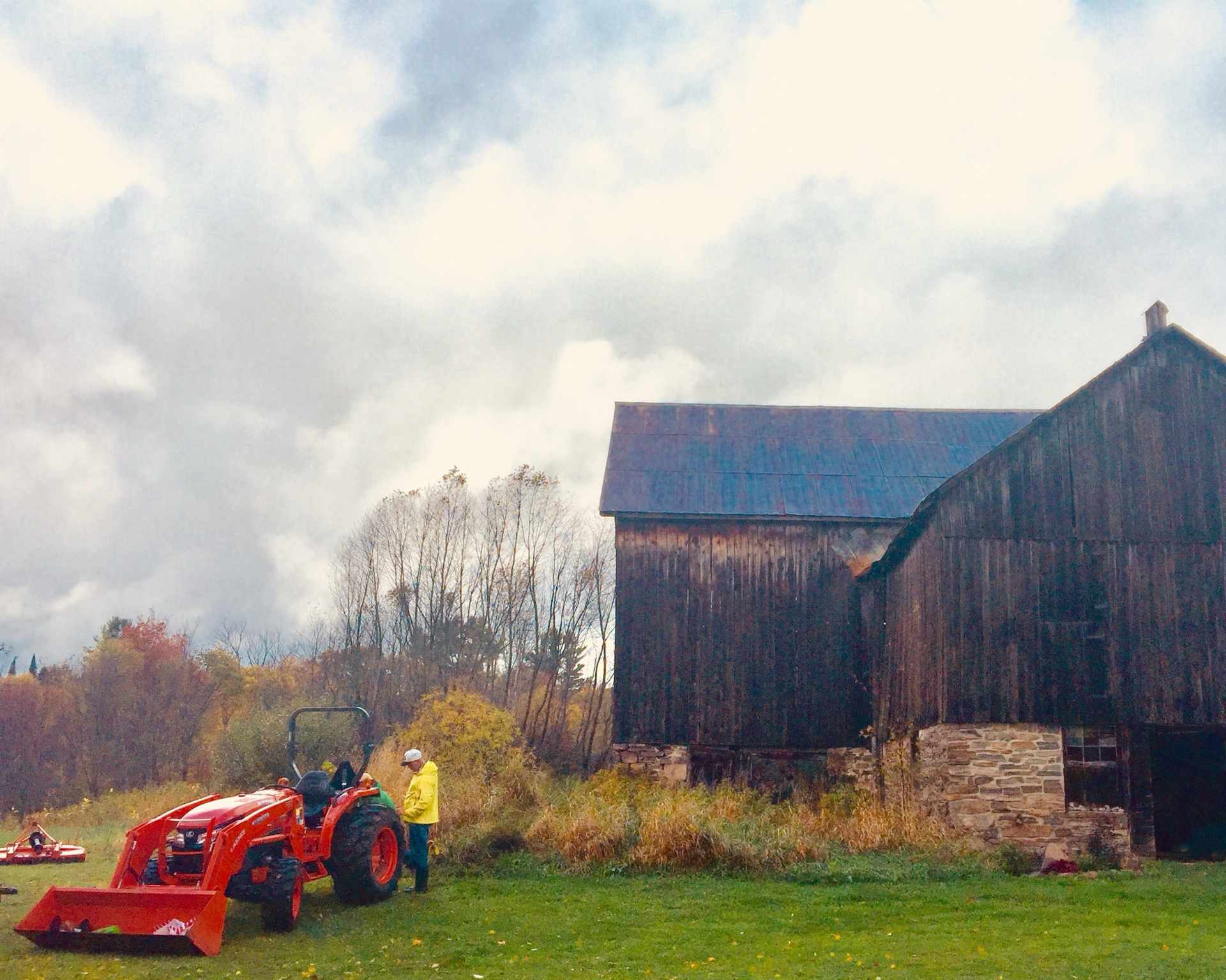 Barr Gilmore driving a red tractor past the weathered main barn at THE SON